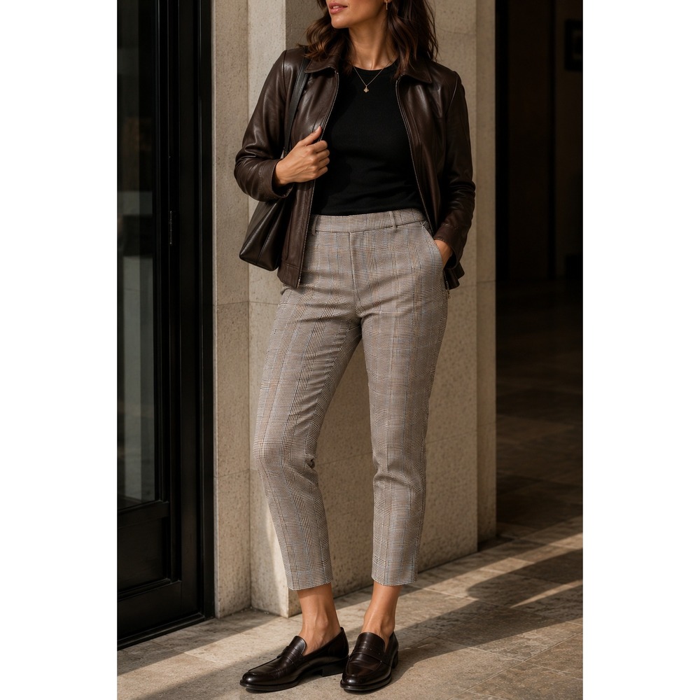 NWT Babaton Conan Cropped Plaid Mid Rise Slim Leg Trouser Glen Check Brown 14